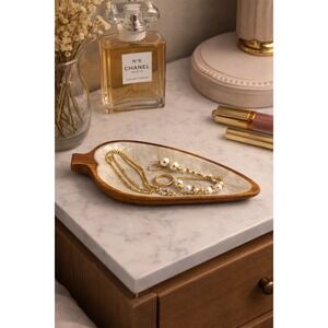 Vtg Leaf‎ Shaped Wooden Dishes with Capiz Shell Inlay